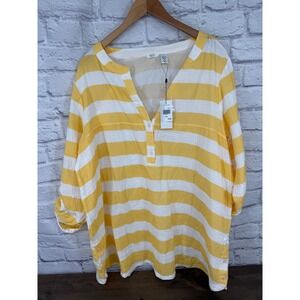 Kaktus Yellow White Striped Henley Dress XXL Cotton Beachy Boho Coastal Gauze